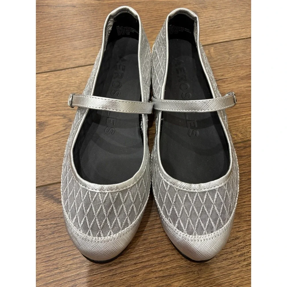 Woman's Ballet Flats Aerosoles Baylee Mary Jane Flat Silver Mesh Metallic Shoes